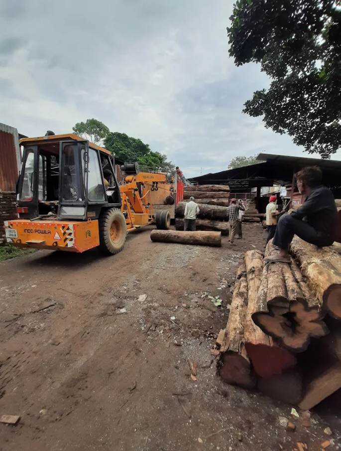 Hindustan Timber Traders plot with timber stock and loading operations